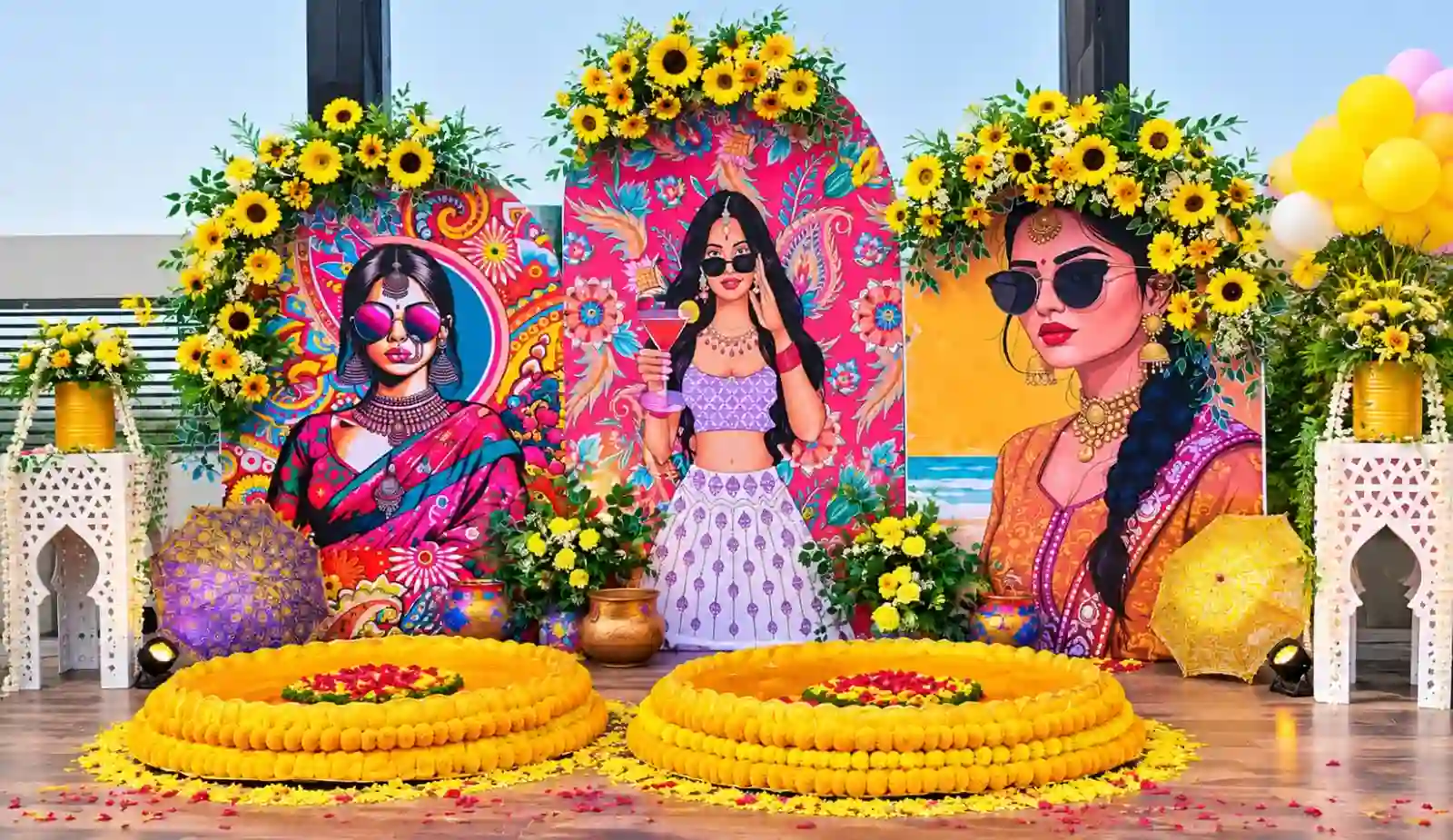 balloon decoration Sunflower & Marigold Haldi Ceremony Setup 